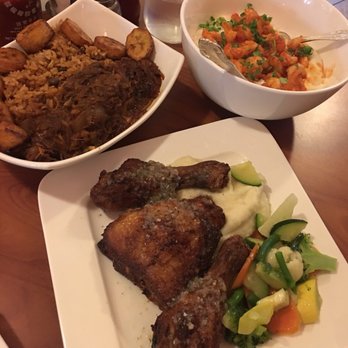 Leche Y Miel Restaurant - We ordered shrimp with cheesy grits, skirt stake with rice and sweet plantains, Chicken(dark meat) with vegetables. - Comfort Food Near Me - Bronx, New York