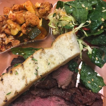 Urban Plates - To go lunch - Grilled steak, my choice of hot and cold sides and my fave focaccia bread - New American Near Me - Dublin, California