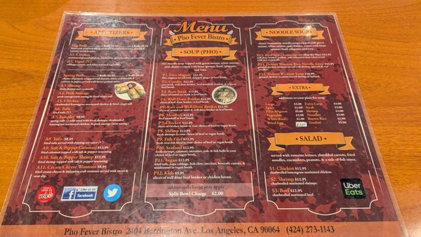 Menu photo 2 Pho Fever Bistro West Los Angeles, CA Menu photo 2 Pho Fever Bistro West Los Angeles, CA