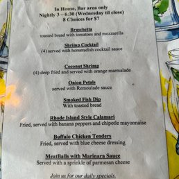 Bar Happy Hour Menu