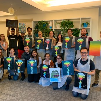 Flow Arts - Group photo with our "tunnel" paintings - Paint & Sip Near Me
