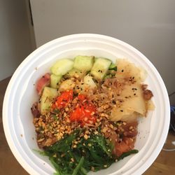 Poke Dojo - Food Truck - Poke bowl with marinated salmon, marinated tuna, and octopus