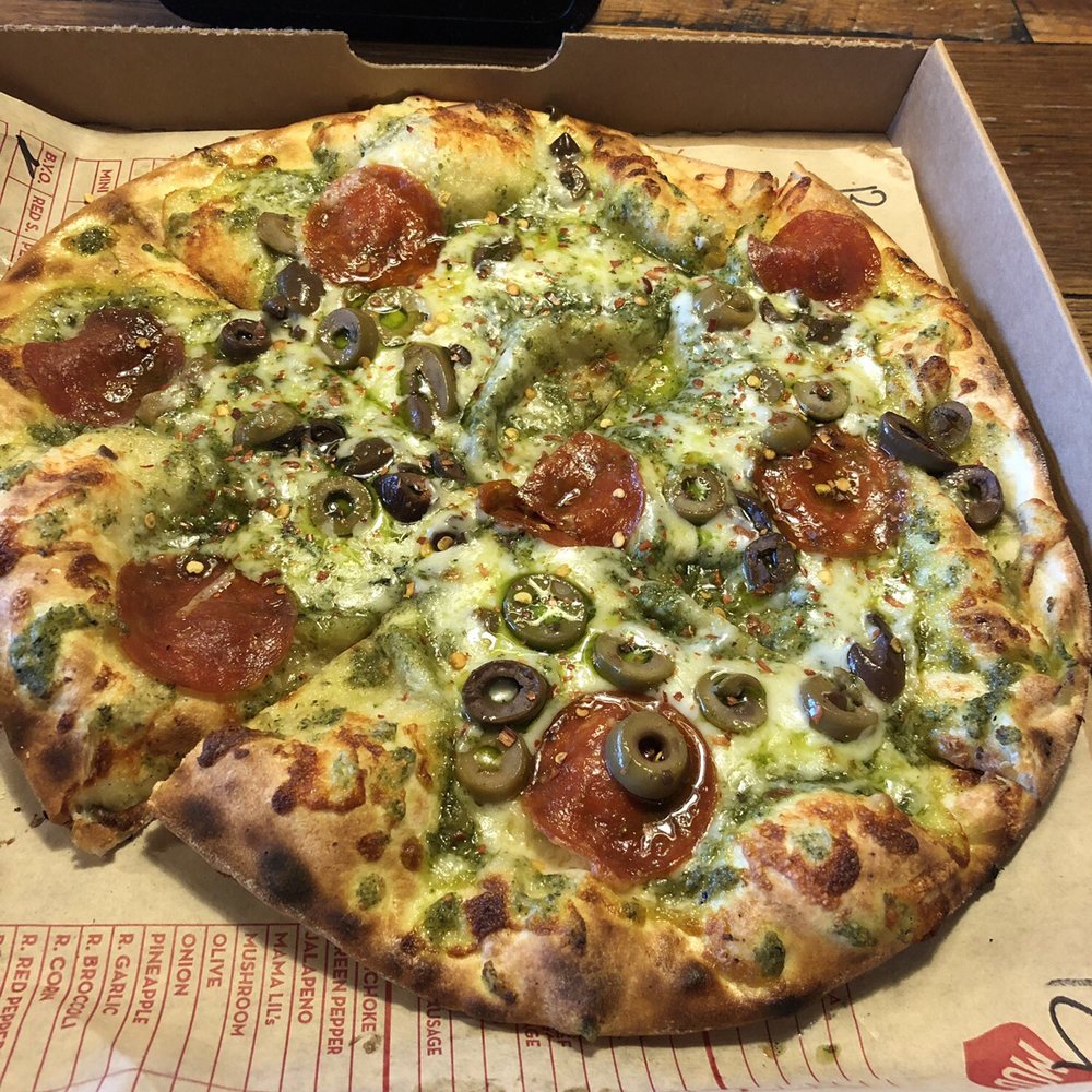 MOD Pizza - Regular size pizza with pesto, pepperoni and mixed olives - Pizza Near Me - Columbia, Maryland MOD Pizza - Regular size pizza with pesto, pepperoni and mixed olives - Pizza Near Me - Columbia, Maryland