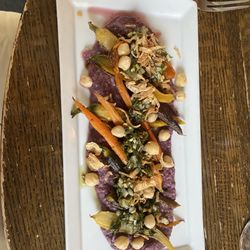 Curious Goods at the Bake Oven inn - Roasted tri-colored carrots on chick pea and red cabbage hummus