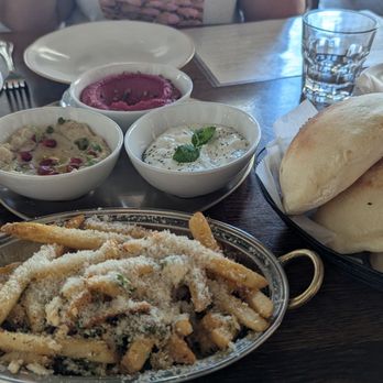 Ammatoli - Amazing Mediterranean fries, beet hummus, eggplant hummus, cucumber and yogurt mezza and amazing warm pita - Mediterranean Near Me - Long Beach, California