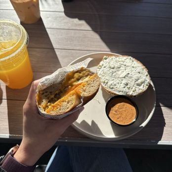 Boil & Bake - MF bagel sandwich, horchata cold brew, orange juice, sesame bagel and chive cream cheese - Bagels Near Me - Costa Mesa, California