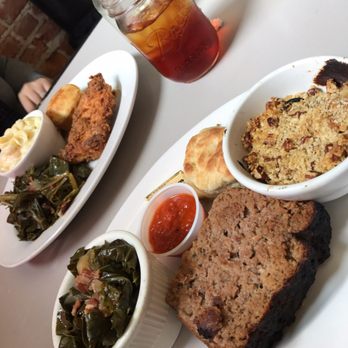 Proper - Meatloaf lunch plate with collars greens and sweet potato casserole and a fried chicken lunch plate with collards and mac n cheese. - Southern Near Me - Boone, North Carolina
