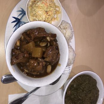 O'ahu Grill - Sweet sour spareribs, scoop potato salad, 2 scoops rice, and side of squid luau! - Hawaiian Near Me - Honolulu, Hawaii