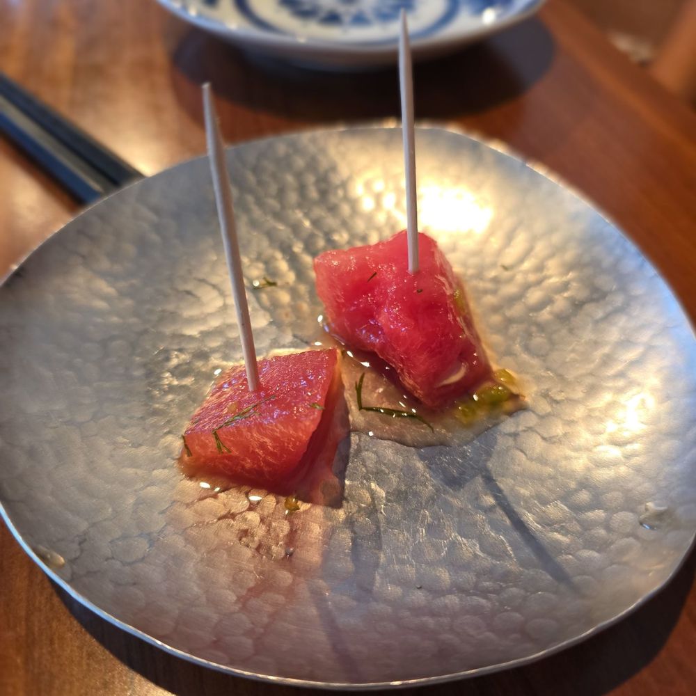 Kamonegi - Amuse bouche. Watermelon rind pickled in something jalapeño. Very good. - Japanese Near Me - Seattle, Washington Kamonegi - Amuse bouche. Watermelon rind pickled in something jalapeño. Very good. - Japanese Near Me - Seattle, Washington