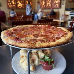 Mezza Luna Pizzeria - Pepperoni pizza, garlic knots
