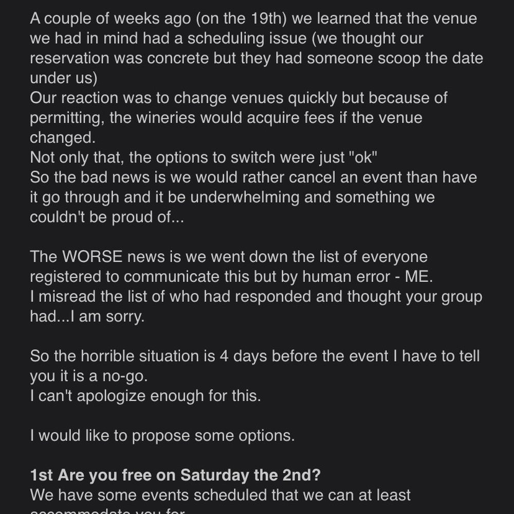 Texas Winos - Our email when the (complimentary) event we were going to was rescheduled/cancelled - Tours Near Me Texas Winos - Our email when the (complimentary) event we were going to was rescheduled/cancelled - Tours Near Me