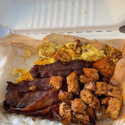 Rhino Coffee - Downtown - Scrambled eggs and crispy bacon as requested TY Also smoked chicken chunks (delicious)!
