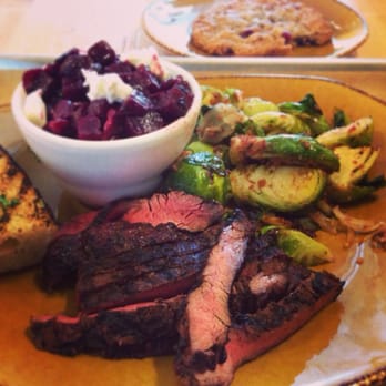Urban Plates - Steak plate with Brussels sprouts and beet salad. - New American Near Me - Carlsbad, California