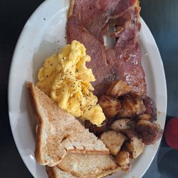 Country ham, scrambled eggs, home fried Country ham, scrambled eggs, home fried