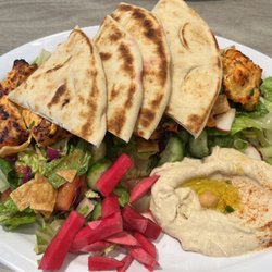 Alibaba Mediterranean Cuisine - Chicken Kabob Plate with double salad, hummus & pita