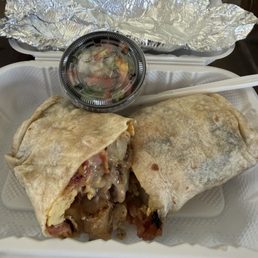 Breakfast Burrito with a side of pico. Breakfast Burrito with a side of pico.
