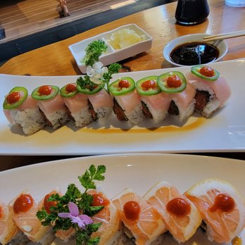 The Sushi Sushi - The Hamahama Roll and the Salm9n lover roll with sliced Lemons on top. - Japanese Near Me - Temecula, California The Sushi Sushi - The Hamahama Roll and the Salm9n lover roll with sliced Lemons on top. - Japanese Near Me - Temecula, California
