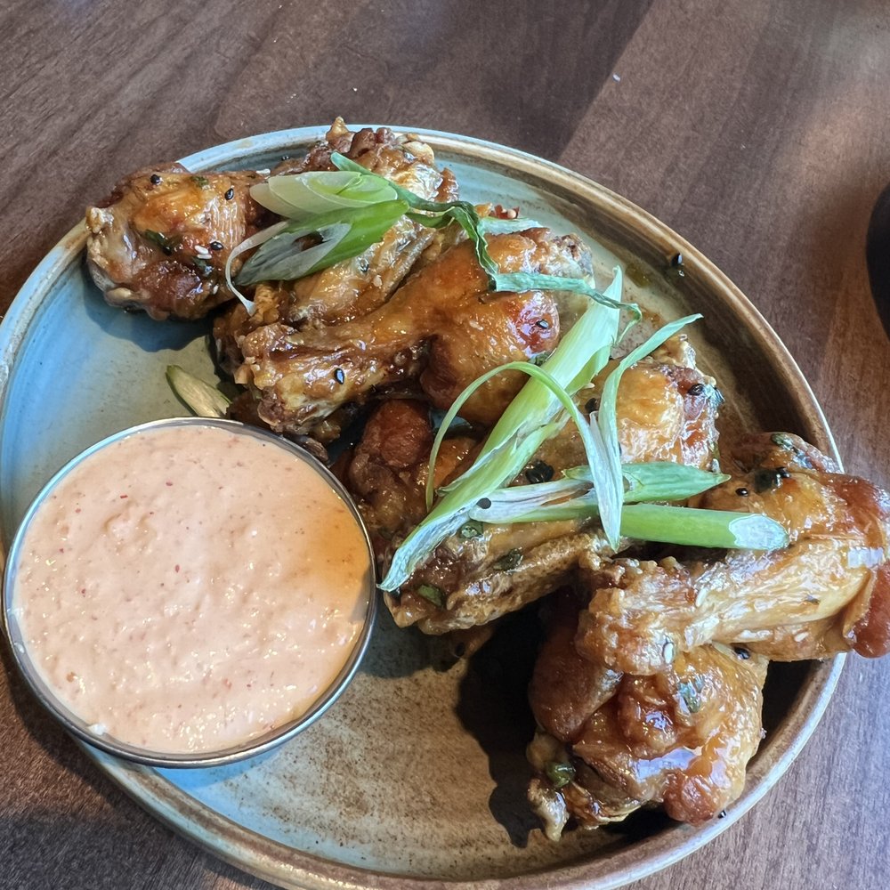 Steamworks - Garlic Chilli Chicken Wings with Kimchi aioli dip. - Burgers Near Me - North Vancouver, British Columbia