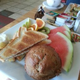 a plate of fruit and a muffin a plate of fruit and a muffin