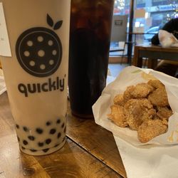 Quickly - Ann Arbor - Classic Black Milk Tea with boba, iced coffee, chicken
