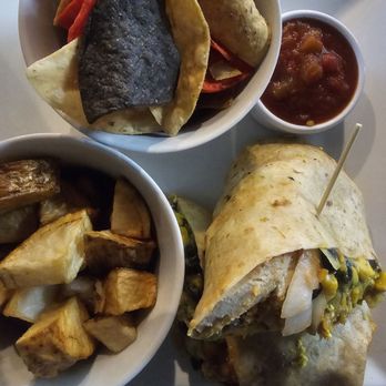 The Modern Vegan - Breakfast Burrito, with potatoes, tortilla chips and salsa - Vegan Near Me - Royal Oak, Michigan The Modern Vegan - Breakfast Burrito, with potatoes, tortilla chips and salsa - Vegan Near Me - Royal Oak, Michigan