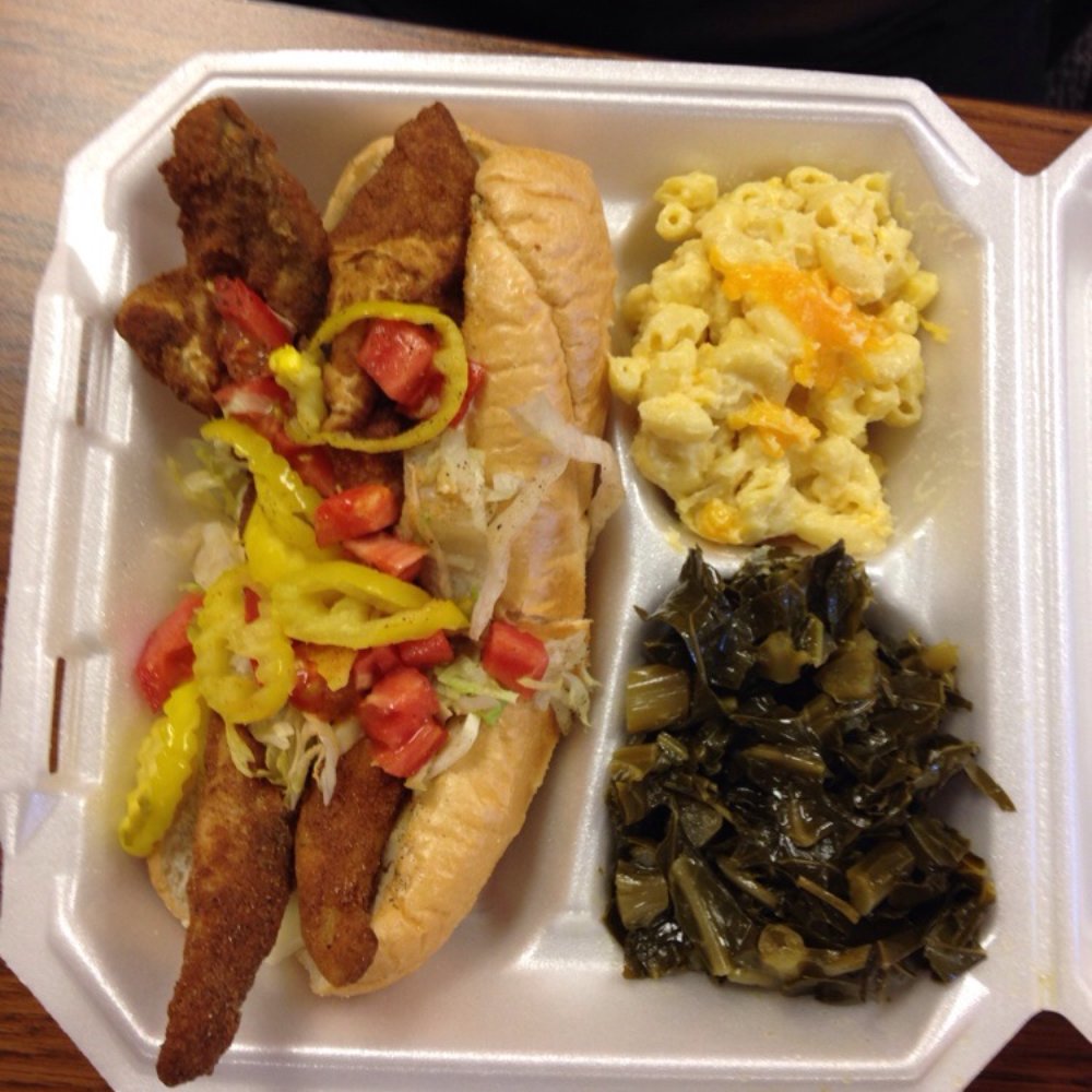 Catering By George - Fish sub with peppers and tomatoes. Mac and cheese with greens - Caterers Near Me - Durham, North Carolina