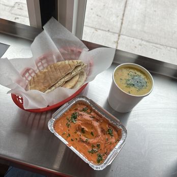 Suffron Cafe - Red Pepper Hummus with pita bread and lentil soup - Mediterranean Near Me - Chicago, Illinois