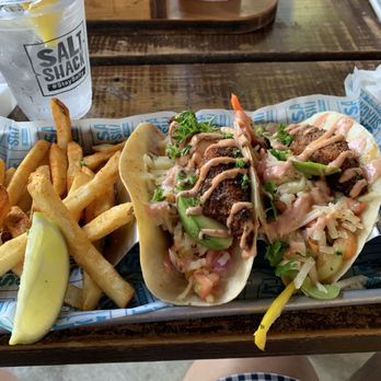 Salt Shack - Mahi mahi blackened fish tacos with fries - Seafood Near Me - Clermont, Florida