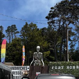 Just north of the switchback on 1 at Fort Ross Creek. Look for the big gay skeleton. Just north of the switchback on 1 at Fort Ross Creek. Look for the big gay skeleton.
