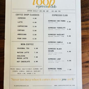 Loop Espresso Club - Menu - Jul 2024 - Coffee & Tea Near Me - Los Angeles, California Loop Espresso Club - Menu - Jul 2024 - Coffee & Tea Near Me - Los Angeles, California