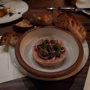 Lapinou - Foie Gras Parfait $20 - Strawberry, picked onion, and grilled bread. - French Near Me - Toronto, Ontario Lapinou - Foie Gras Parfait $20 - Strawberry, picked onion, and grilled bread. - French Near Me - Toronto, Ontario