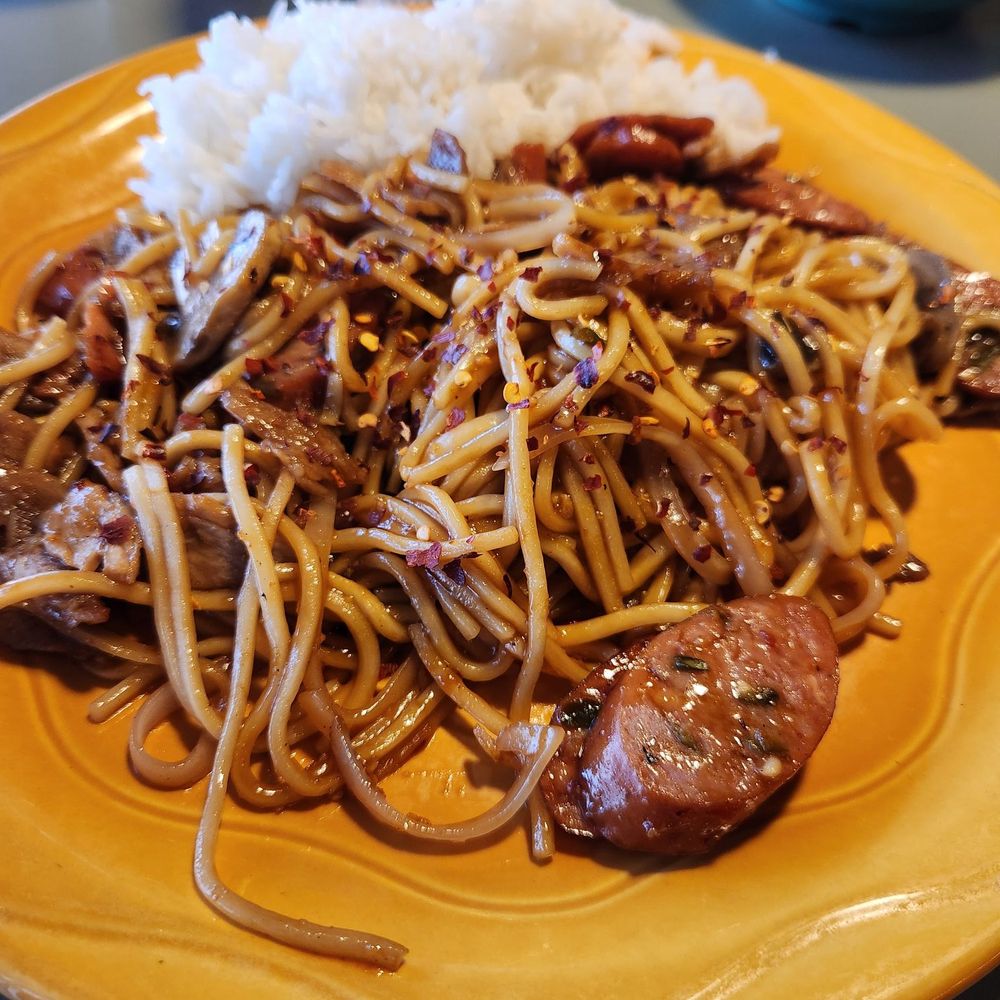 a plate of noodles and meat