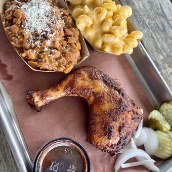 Hurtado Barbecue - Smoked Fried Chicken Quarter with Macaroni and Cheese and Brisket Beans - Barbeque Near Me - Arlington, Texas Hurtado Barbecue - Smoked Fried Chicken Quarter with Macaroni and Cheese and Brisket Beans - Barbeque Near Me - Arlington, Texas