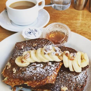 Meli Cafe - This is the banana bread French toast without caramel and their regular coffee. - New American Near Me - Chicago, Illinois