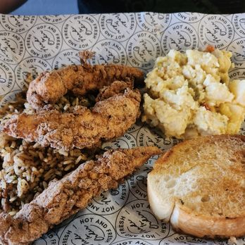 Elders Family Restaurant - Chicken tenders with cajun potato salad and dirty rice - Cajun/Creole Near Me - Converse, Texas