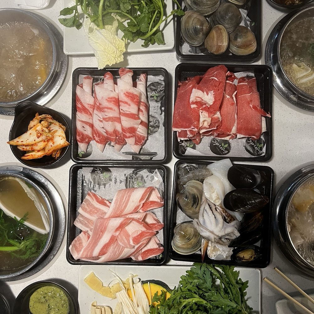 Rib eye, beef belly, pork belly, seafood combo, clams Rib eye, beef belly, pork belly, seafood combo, clams
