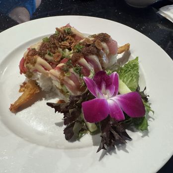 Sky Sushi - Forgot what's it's called I'm sorry Has tempura shrimp and cream cheese and avocado inside. Topped with tuna and albacore - Japanese Near Me - El Dorado Hills, California Sky Sushi - Forgot what's it's called I'm sorry Has tempura shrimp and cream cheese and avocado inside. Topped with tuna and albacore - Japanese Near Me - El Dorado Hills, California