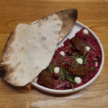 Galit - Beet Kibbeh Nayeh: berbere spice, pomegranate, Jerusalem artichokes, lavash - Mediterranean Near Me - Chicago, Illinois Galit - Beet Kibbeh Nayeh: berbere spice, pomegranate, Jerusalem artichokes, lavash - Mediterranean Near Me - Chicago, Illinois