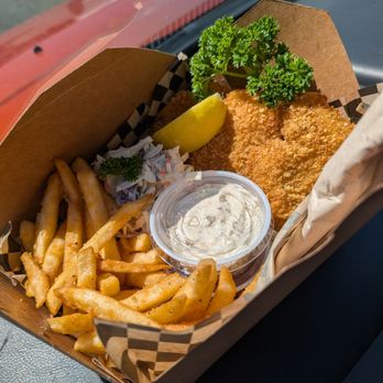 Oregon Fishmongers - Cod fish and chips. Coleslaw, fish, fries, tarter and catchup. - Food Trucks Near Me - Newport, Oregon