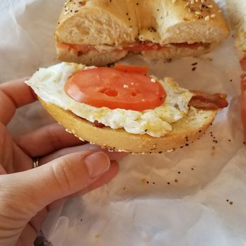 Wholy Bagel - Bacon/cheese/tomato and a pinch of egg on an everything bagel - Bagels Near Me - Austin, Texas Wholy Bagel - Bacon/cheese/tomato and a pinch of egg on an everything bagel - Bagels Near Me - Austin, Texas