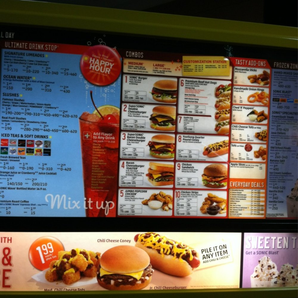 Sonic Drive-In - Their menu light up at night - Burgers Near Me - Fullerton, California Sonic Drive-In - Their menu light up at night - Burgers Near Me - Fullerton, California