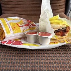 American Burgers - Bacon cheeseburger, large fry, and fry sauce.
