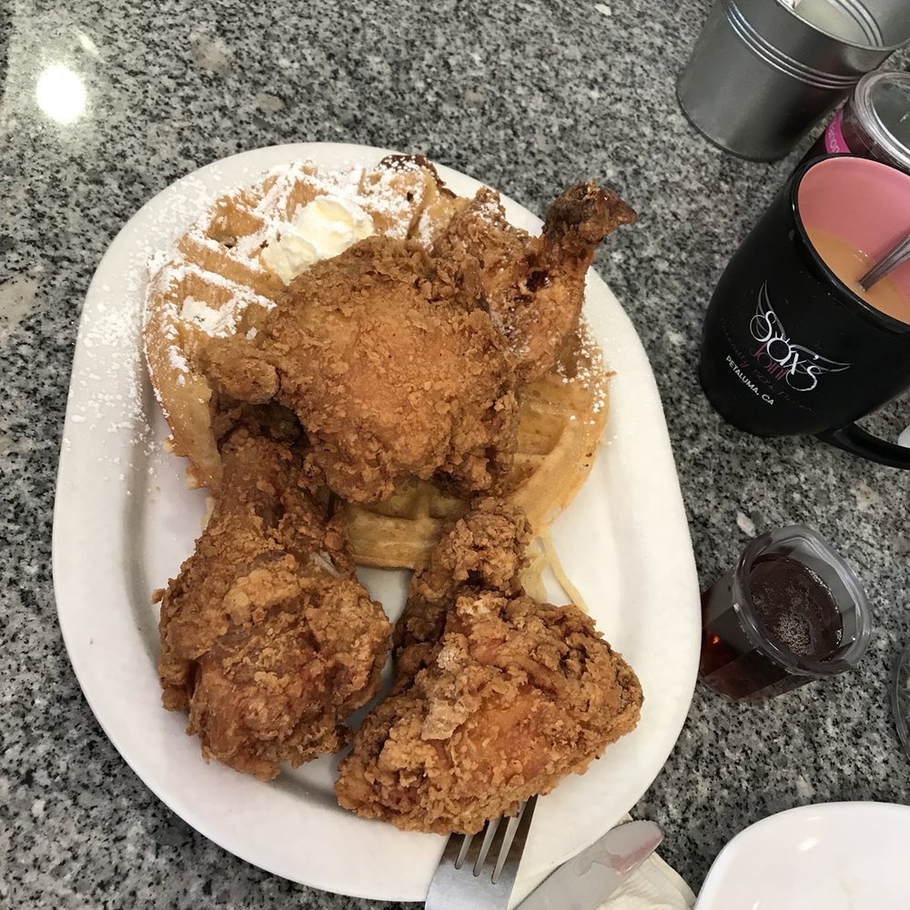Sax's Joint - Fried chicken and waffle. You'll get a breast, leg, wing and thigh! - Breakfast & Brunch Near Me - Petaluma, California Sax's Joint - Fried chicken and waffle. You'll get a breast, leg, wing and thigh! - Breakfast & Brunch Near Me - Petaluma, California
