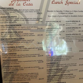 Los Cantaros - Menu - Menu from Los Cantaros Mexican restaurant listing dishes like Chimichanga, Burrito, Tacos, and lunch specials with prices, including options like enchiladas and fajitas. - Mexican Near Me - Hampton, New Hampshire