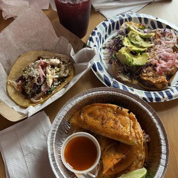 Tlaolli - ECDC Torta, DEAL Vegan Birria Taco Trio, not sure which taco, hibiscus tea - Mexican Near Me - Indianapolis, Indiana