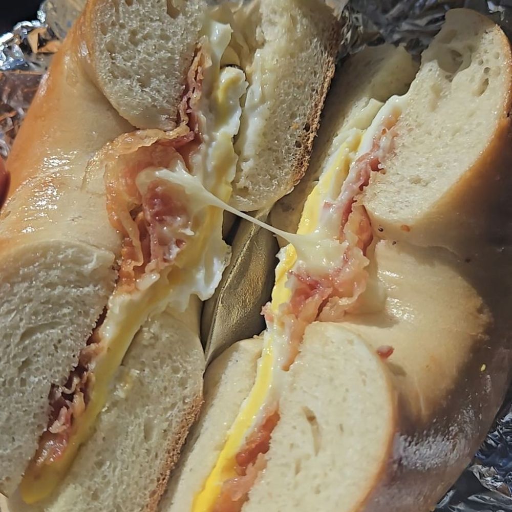 Grand Central Bagel Cafe - Bacon egg and cheese on a plain bagel - Bagels Near Me - Lancaster, Pennsylvania Grand Central Bagel Cafe - Bacon egg and cheese on a plain bagel - Bagels Near Me - Lancaster, Pennsylvania