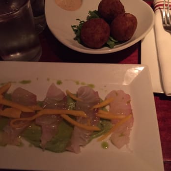 Salty Sow - Red snapper crudo and oyster fritters - American Near Me - Austin, Texas Salty Sow - Red snapper crudo and oyster fritters - American Near Me - Austin, Texas
