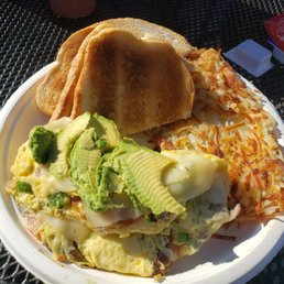 Veggie omelet, hashbrowns, ans sourdough Veggie omelet, hashbrowns, ans sourdough