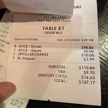 Oishii Sushi - Receipt charge with an included 15% on any and all parties regardless of group size. - Sushi Bars Near Me - Riverside, California