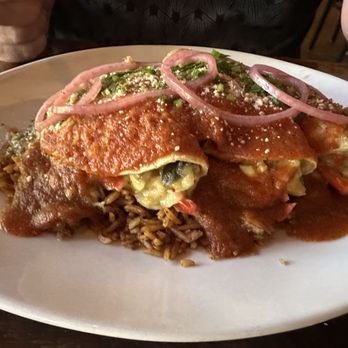 El Barrio - Chicken enchiladas with red and green sauce. - Mexican Near Me - Birmingham, Alabama El Barrio - Chicken enchiladas with red and green sauce. - Mexican Near Me - Birmingham, Alabama